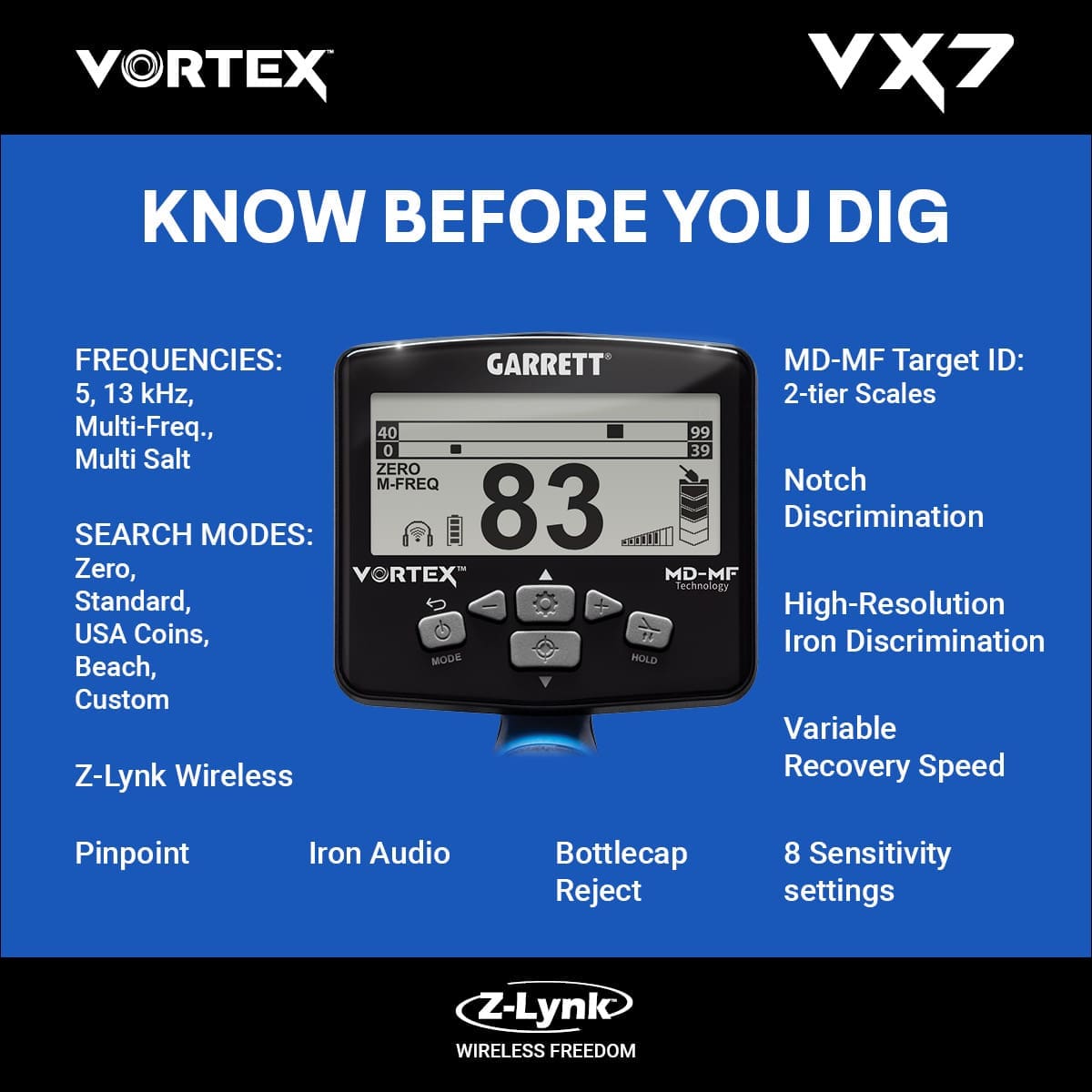 Garrett Vortex VX7 hedef ID ekranı ve kontrol paneli